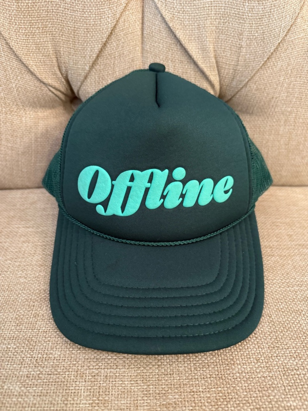 Dark Green 'Offline' Trucker Hat with Teal Script outdoors hiking gorpcore
